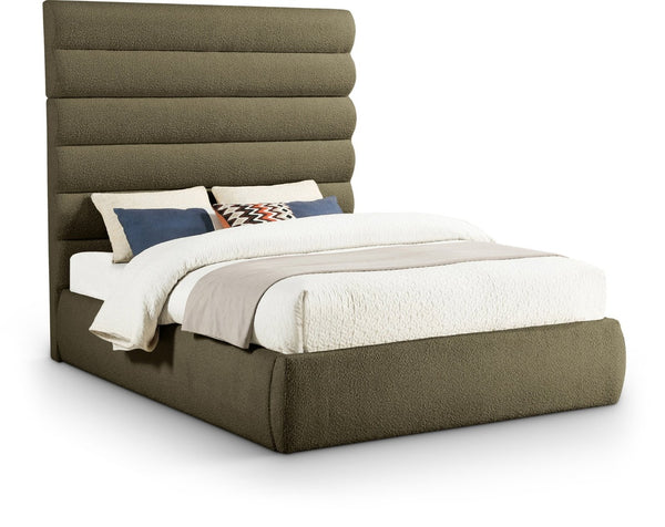 Meridian Furniture Adam Channel Tufted Boucle Queen Bed Sculptural Headboard for Modern Bedroom B1256Olive-Q70