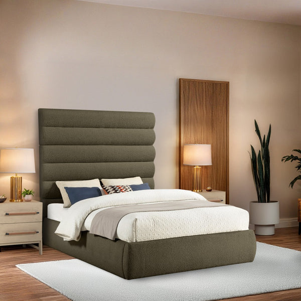 Meridian Furniture Adam Channel Tufted Boucle Queen Bed Sculptural Headboard for Modern Bedroom B1256Olive-Q70