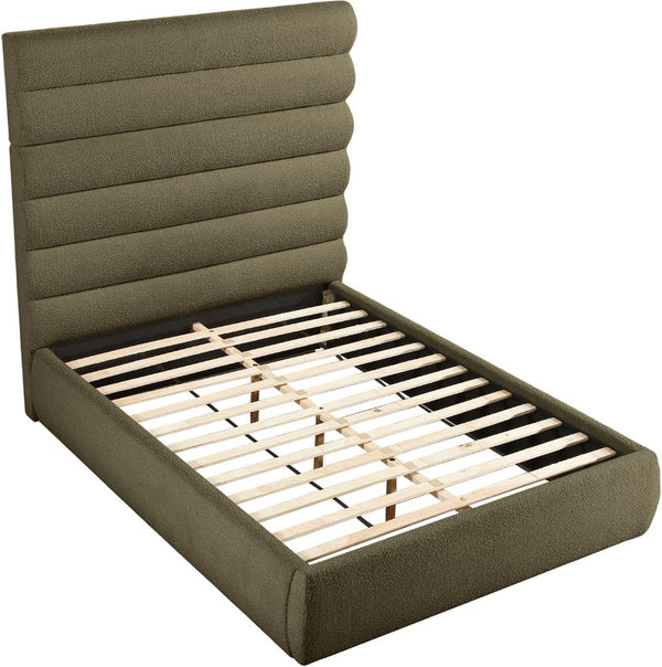 Meridian Furniture Adam Channel Tufted Boucle Queen Bed Sculptural Headboard for Modern Bedroom B1256Olive-Q70