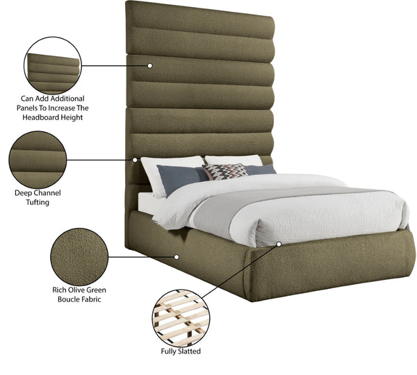 Meridian Furniture Adam Channel Tufted Boucle Upholstered Queen Bed with Tall Sculptural Headboard B1256Olive-Q90