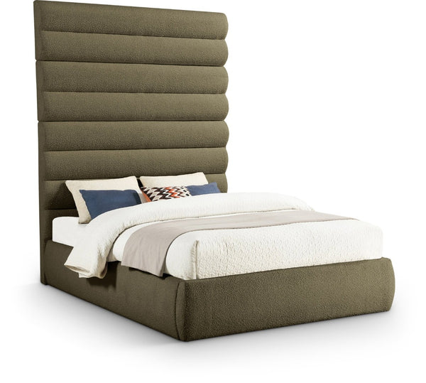 Meridian Furniture Adam Channel Tufted Boucle Upholstered Queen Bed with Tall Sculptural Headboard B1256Olive-Q90