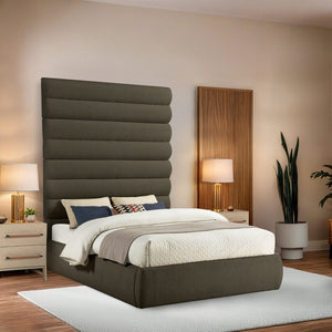 Meridian Furniture Adam Channel Tufted Boucle Upholstered Queen Bed with Tall Sculptural Headboard B1256Olive-Q90