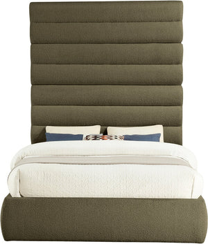 Meridian Furniture Adam Channel Tufted Boucle Upholstered Queen Bed with Tall Sculptural Headboard B1256Olive-Q90