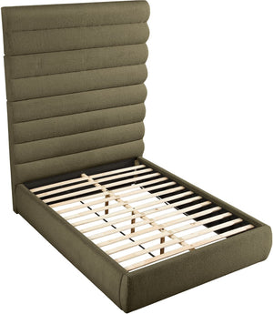 Meridian Furniture Adam Channel Tufted Boucle Upholstered Queen Bed with Tall Sculptural Headboard B1256Olive-Q90