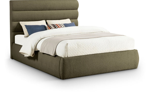Meridian Furniture Adam Channel Tufted Boucle Queen Bed with Modular Headboard for Modern Bedrooms B1256Olive-Q