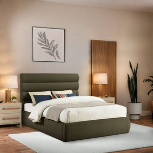 Meridian Furniture Adam Channel Tufted Boucle Queen Bed with Modular Headboard for Modern Bedrooms B1256Olive-Q