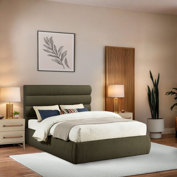 Meridian Furniture Adam Channel Tufted Boucle Queen Bed with Modular Headboard for Modern Bedrooms B1256Olive-Q