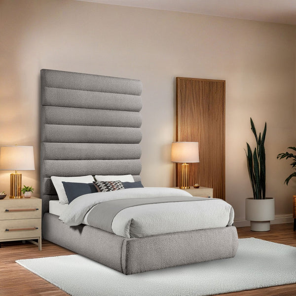 Meridian Furniture Adam Channel Tufted Boucle Upholstered Full Bed with Tall Sculptural Headboard B1256Taupe-F90