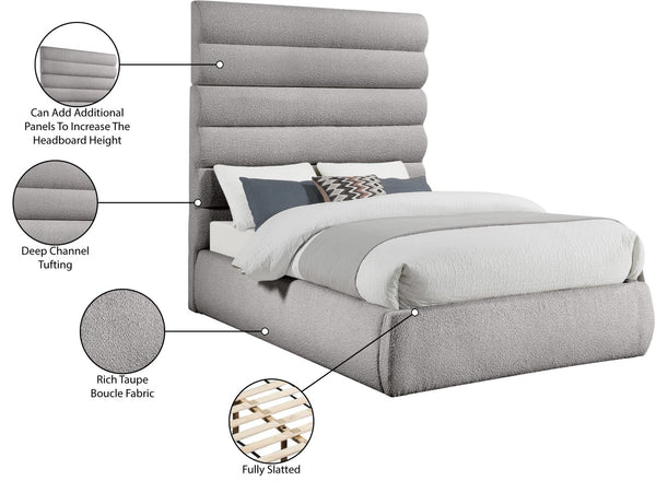 Meridian Furniture Adam Channel Tufted Boucle King Bed Tailored Upholstered Frame for Primary Bedrooms B1256Taupe-K70