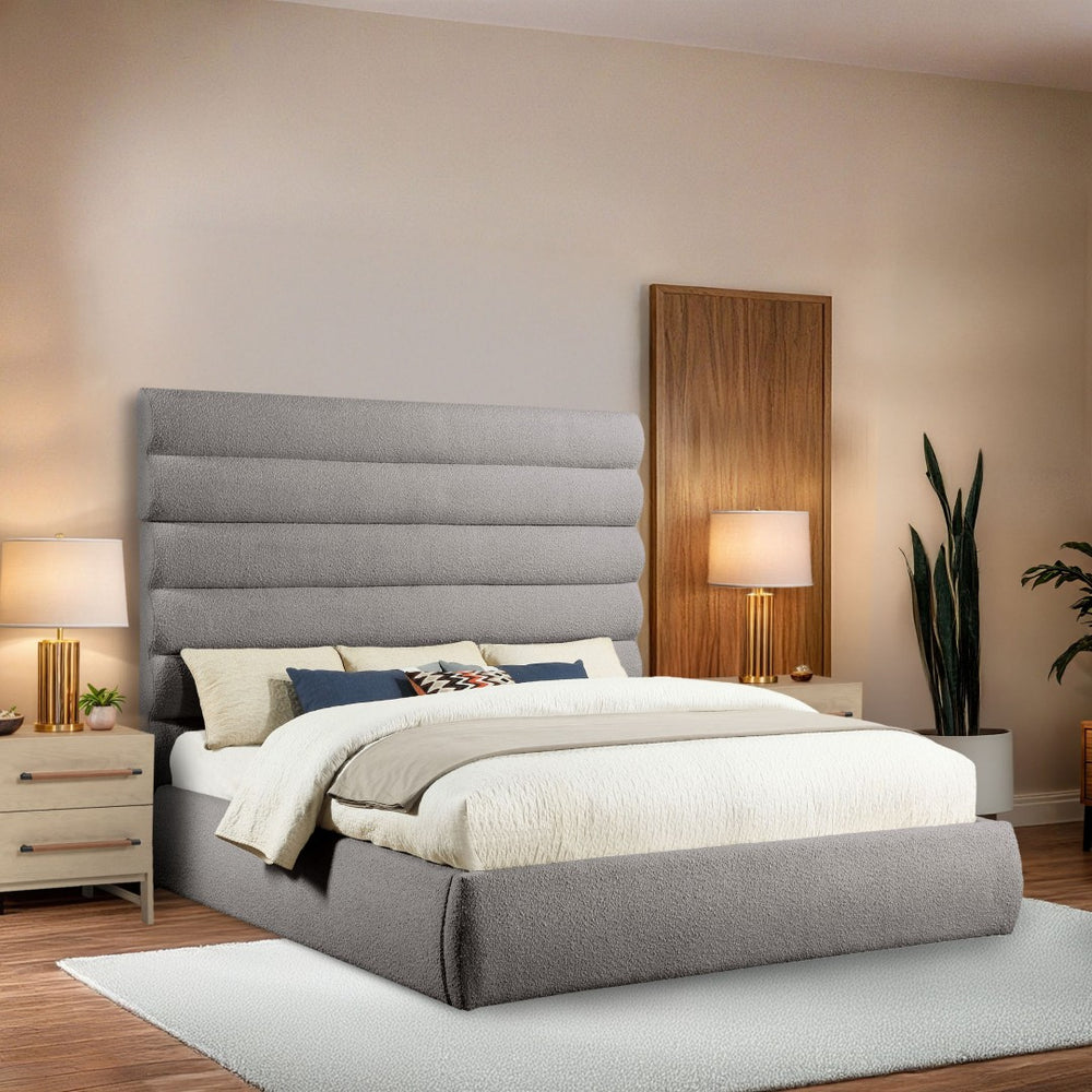 Meridian Furniture Adam Channel Tufted Boucle King Bed Tailored Upholstered Frame for Primary Bedrooms B1256Taupe-K70