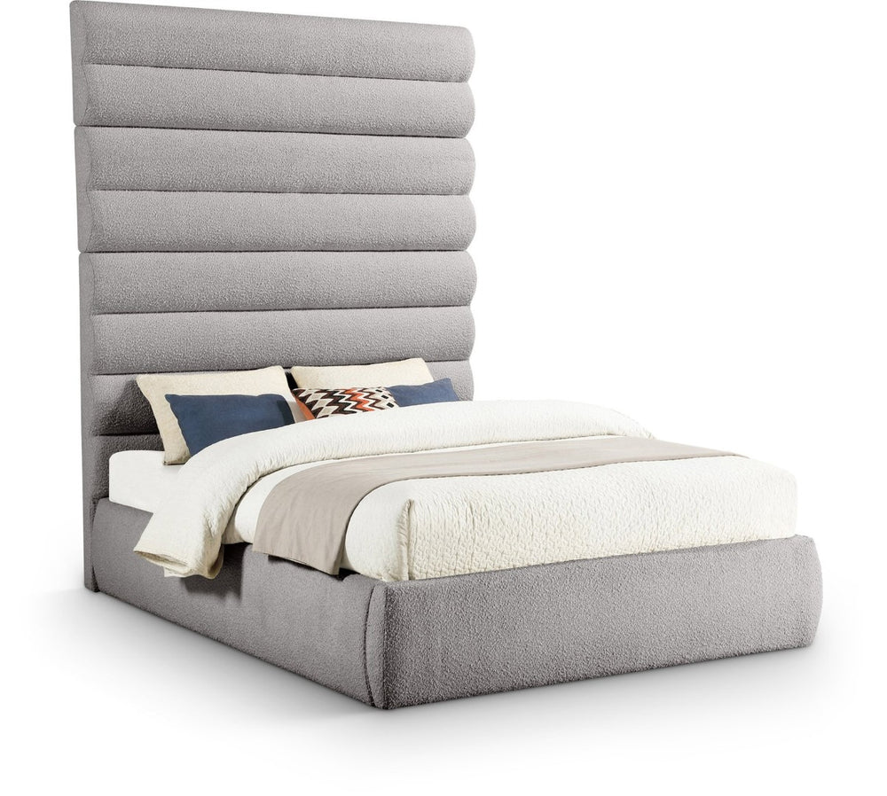 Meridian Furniture Adam Queen Bed Taupe Boucle Upholstery Deep Channel Tufted Architectural Headboard B1256Taupe-Q90