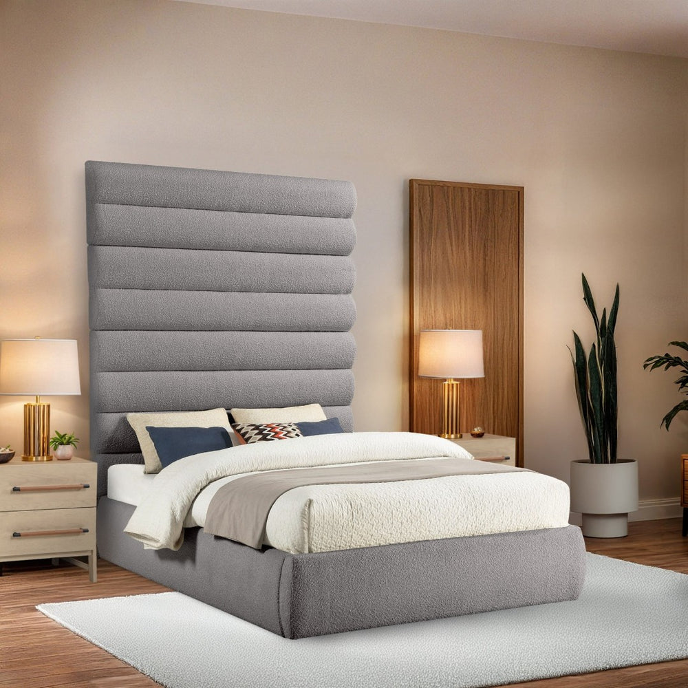 Meridian Furniture Adam Queen Bed Taupe Boucle Upholstery Deep Channel Tufted Architectural Headboard B1256Taupe-Q90