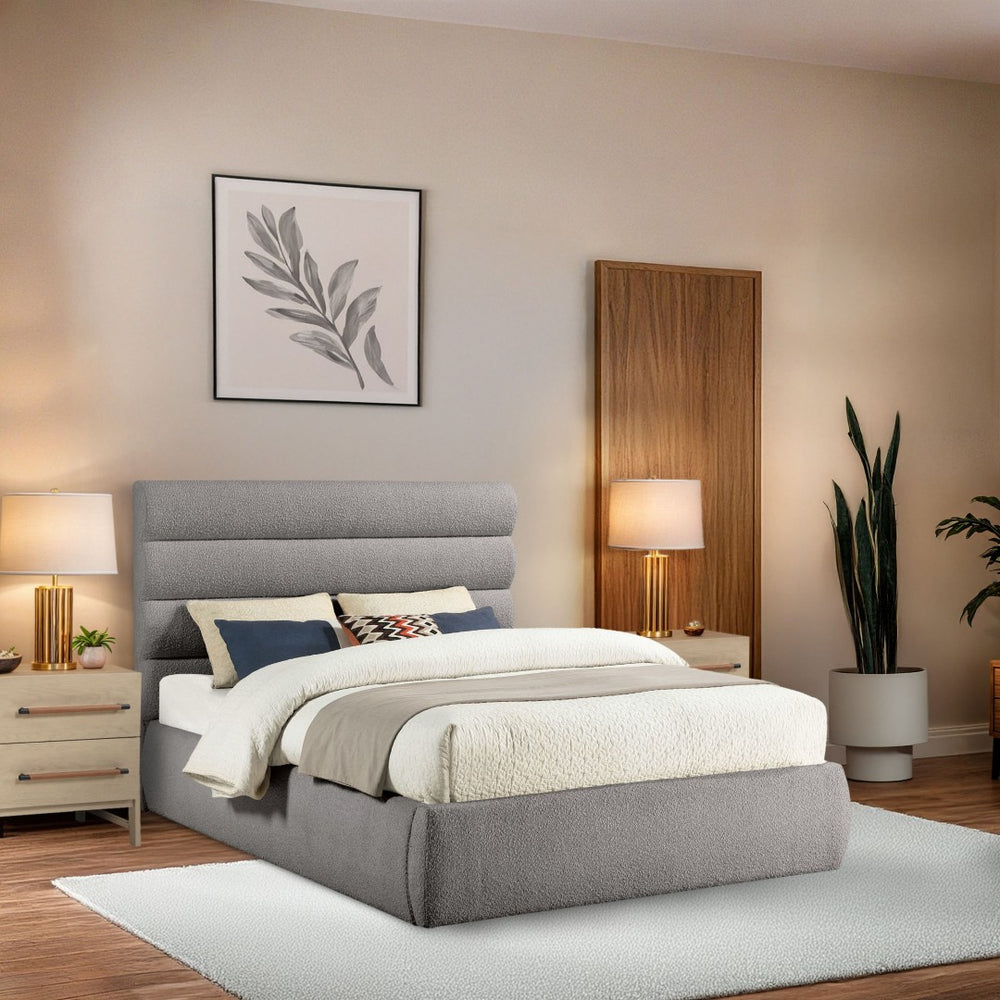 Meridian Furniture Adam Channel Tufted Boucle Queen Bed with Extendable Headboard for Stylish Bedrooms B1256Taupe-Q