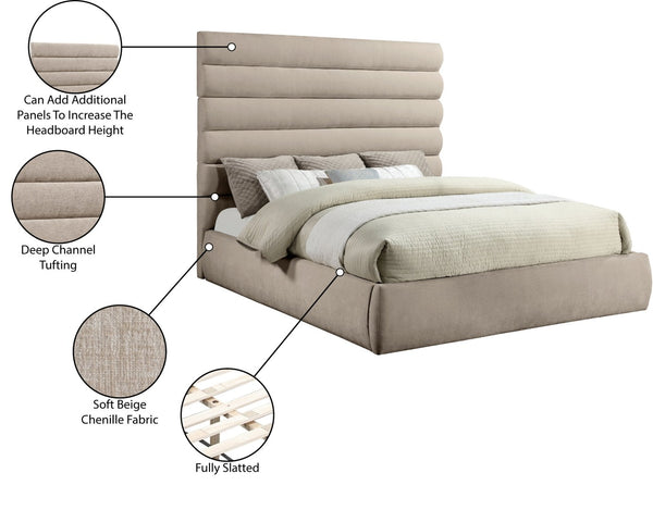Meridian Furniture Adam King Bed Beige Chenille Upholstery with Channel Tufted Sculpted Headboard B1257Beige-K70