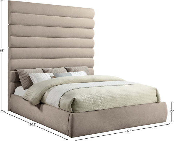Meridian Furniture Adam Channel Tufted King Bed Plush Chenille Upholstery Tall Headboard Neutral Beige B1257Beige-K90