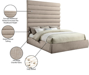 Meridian Furniture Adam Channel Tufted King Bed Plush Chenille Upholstery Tall Headboard Neutral Beige B1257Beige-K90