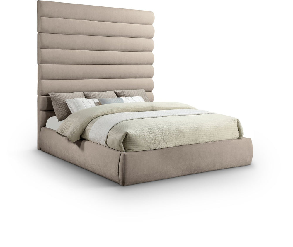 Meridian Furniture Adam Channel Tufted King Bed Plush Chenille Upholstery Tall Headboard Neutral Beige B1257Beige-K90