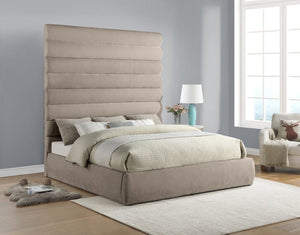 Meridian Furniture Adam Channel Tufted King Bed Plush Chenille Upholstery Tall Headboard Neutral Beige B1257Beige-K90