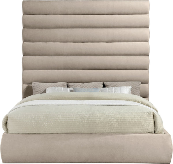Meridian Furniture Adam Channel Tufted King Bed Plush Chenille Upholstery Tall Headboard Neutral Beige B1257Beige-K90