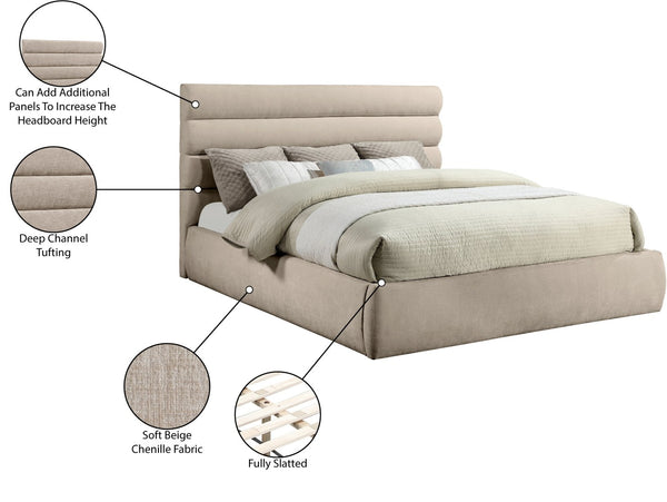 Meridian Furniture Adam Channel Tufted King Bed Chenille Upholstered Platform Frame for Modern Bedrooms B1257Beige-K