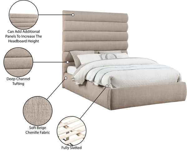 Meridian Furniture Adam Queen Bed Soft Chenille Upholstery with Channel Tufted Tall Headboard Platform B1257Beige-Q70
