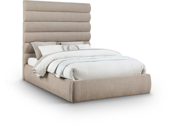Meridian Furniture Adam Queen Bed Soft Chenille Upholstery with Channel Tufted Tall Headboard Platform B1257Beige-Q70