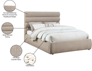 Meridian Furniture Adam Channel Tufted Queen Bed Plush Chenille Upholstery Low Profile Platform Frame B1257Beige-Q