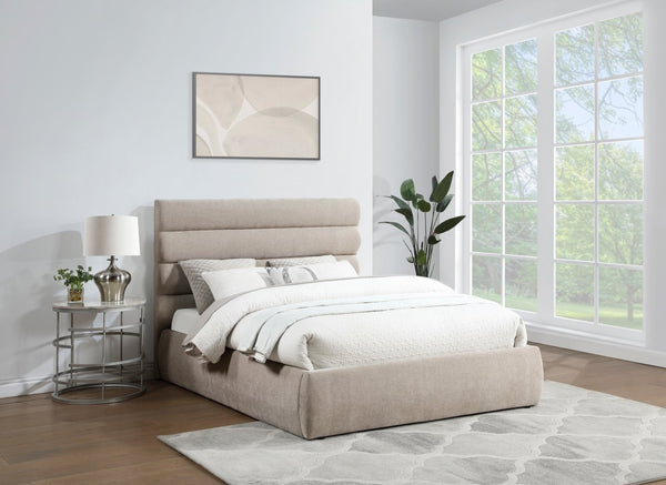 Meridian Furniture Adam Channel Tufted Queen Bed Plush Chenille Upholstery Low Profile Platform Frame B1257Beige-Q