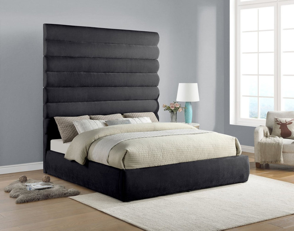 Meridian Furniture Adam Channel Tufted King Bed Tall Chenille Headboard for Primary Bedroom B1257Black-K90