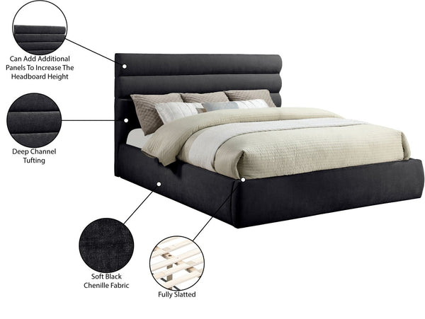 Meridian Furniture Adam Channel Tufted King Bed Sculptural Chenille Headboard Low Profile Platform Frame B1257Black-K