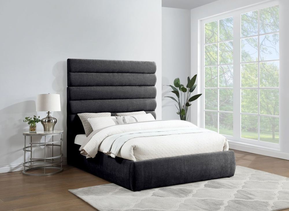 Meridian Furniture Adam Channel Tufted Chenille Queen Bed Tall Headboard Platform Frame Bedroom B1257Black-Q70
