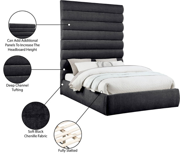 Meridian Furniture Adam Queen Platform Bed with Chenille Upholstery and Channel Tufted Tall Headboard B1257Black-Q90