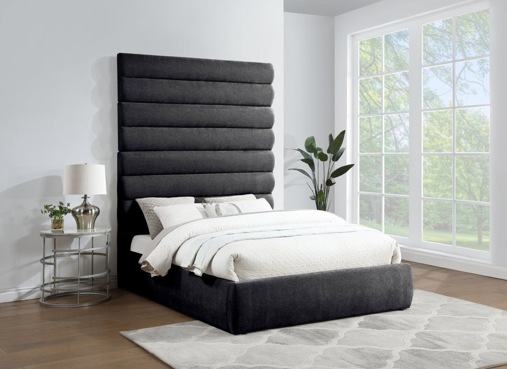 Meridian Furniture Adam Queen Platform Bed with Chenille Upholstery and Channel Tufted Tall Headboard B1257Black-Q90