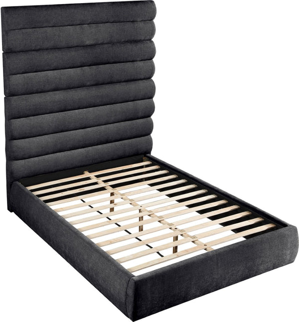 Meridian Furniture Adam Queen Platform Bed with Chenille Upholstery and Channel Tufted Tall Headboard B1257Black-Q90
