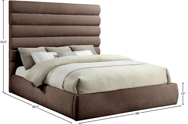 Meridian Furniture Adam Brown Channel Tufted Chenille King Bed Tall Headboard Platform Base B1257Brown-K70