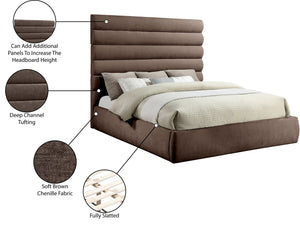Meridian Furniture Adam Brown Channel Tufted Chenille King Bed Tall Headboard Platform Base B1257Brown-K70