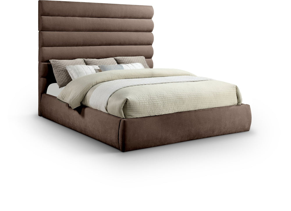 Meridian Furniture Adam Brown Channel Tufted Chenille King Bed Tall Headboard Platform Base B1257Brown-K70