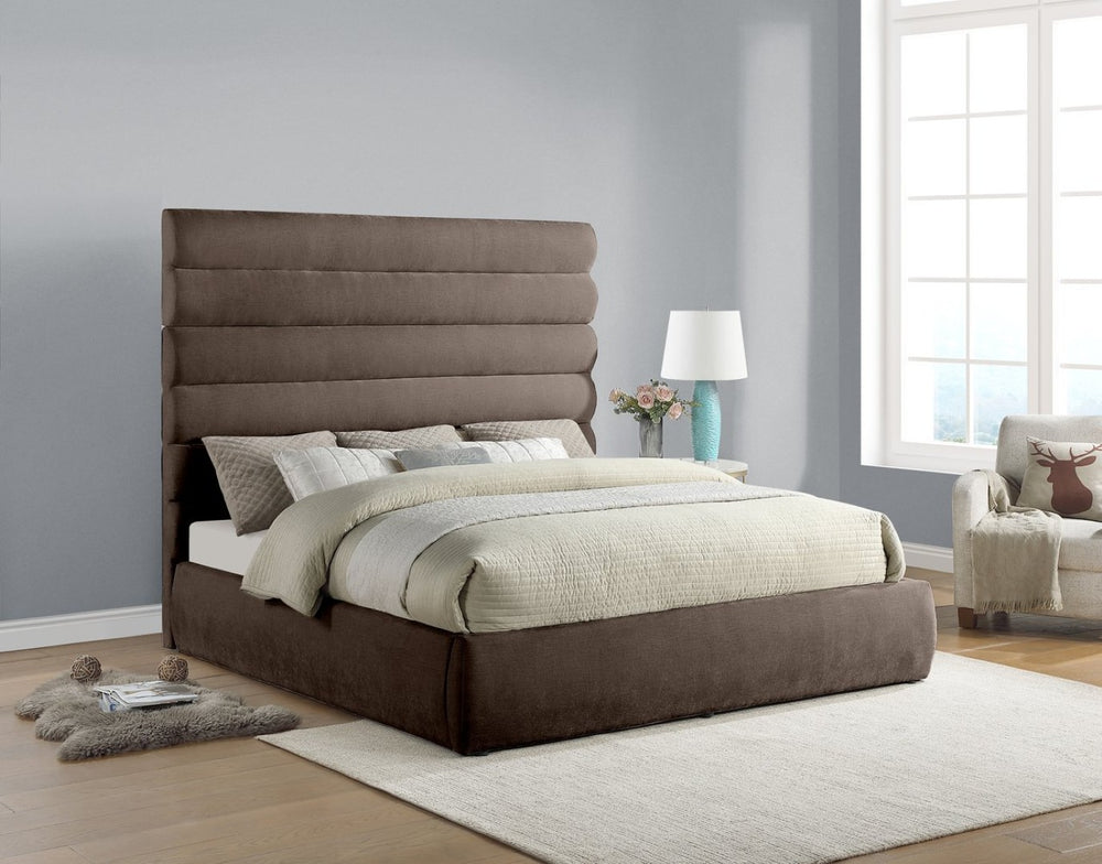 Meridian Furniture Adam Brown Channel Tufted Chenille King Bed Tall Headboard Platform Base B1257Brown-K70