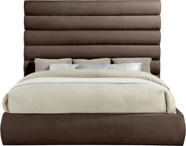 Meridian Furniture Adam Brown Channel Tufted Chenille King Bed Tall Headboard Platform Base B1257Brown-K70