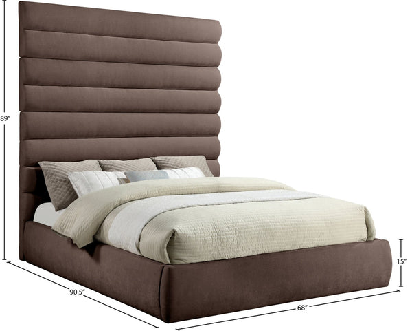 Meridian Furniture Adam Brown Chenille Channel Tufted King Bed Tall Headboard No Box Spring Needed B1257Brown-K90