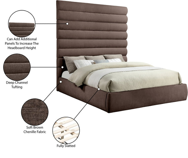 Meridian Furniture Adam Brown Chenille Channel Tufted King Bed Tall Headboard No Box Spring Needed B1257Brown-K90