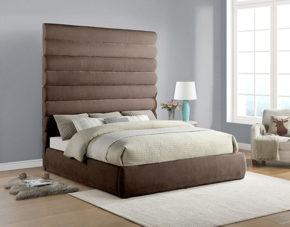 Meridian Furniture Adam Brown Chenille Channel Tufted King Bed Tall Headboard No Box Spring Needed B1257Brown-K90