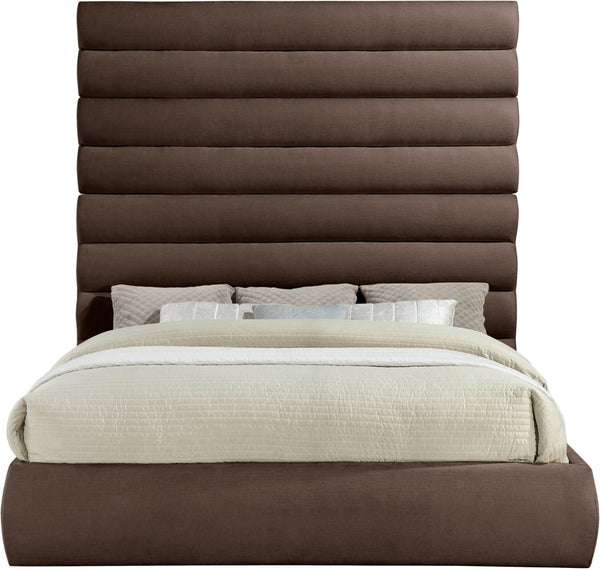 Meridian Furniture Adam Brown Chenille Channel Tufted King Bed Tall Headboard No Box Spring Needed B1257Brown-K90