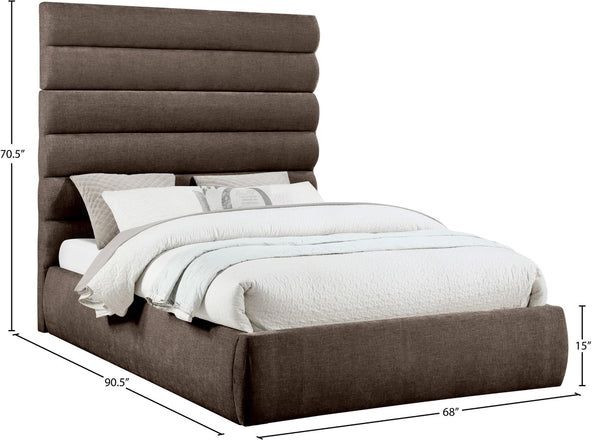 Meridian Furniture Adam Brown Channel Tufted Chenille Queen Bed Tall Headboard for Modern Rooms B1257Brown-Q70