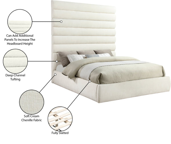 Meridian Furniture Adam Channel Tufted Chenille King Bed Tall Headboard for Glam Bedroom Decor B1257Cream-K90