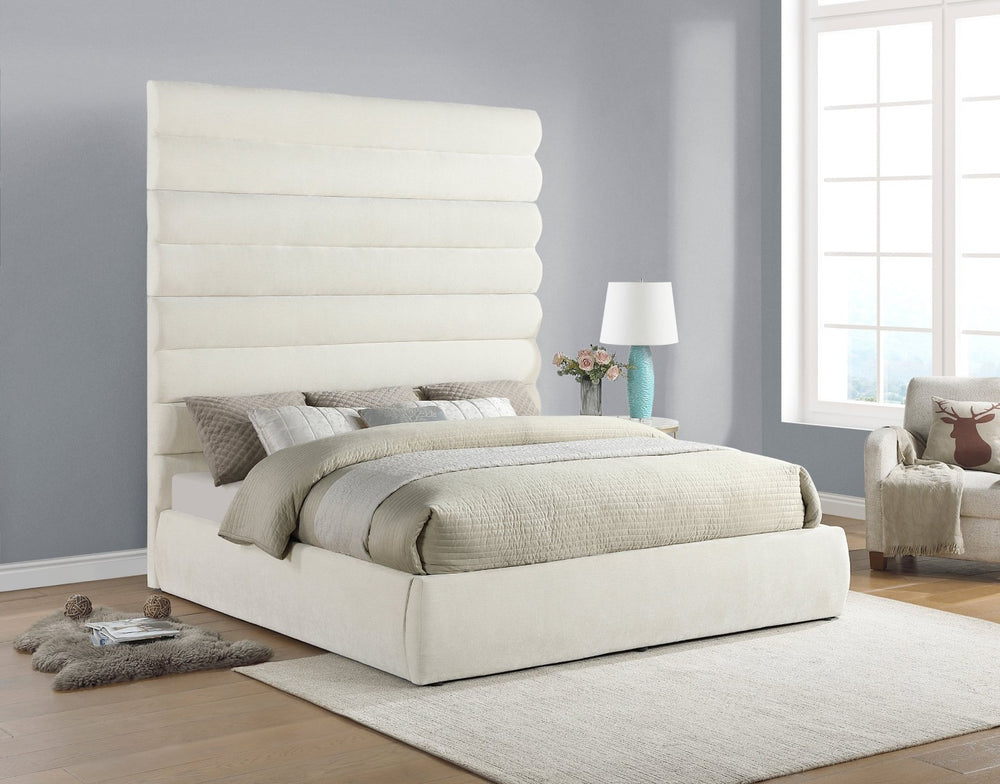 Meridian Furniture Adam Channel Tufted Chenille King Bed Tall Headboard for Glam Bedroom Decor B1257Cream-K90