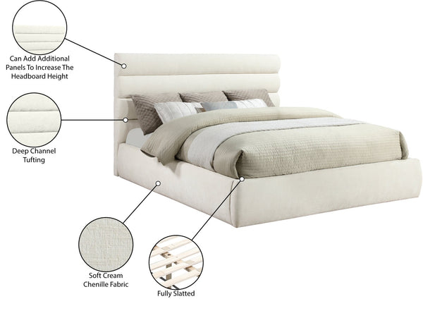 Meridian Furniture Adam Channel Tufted King Bed Cream Chenille Upholstery Platform Frame Bedroom B1257Cream-K