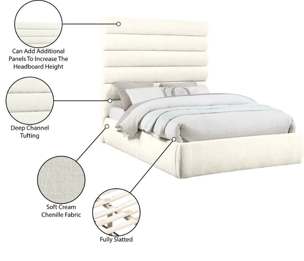 Meridian Furniture Adam Channel Tufted Queen Platform Bed Tall Chenille Headboard for Primary Bedroom B1257Cream-Q70