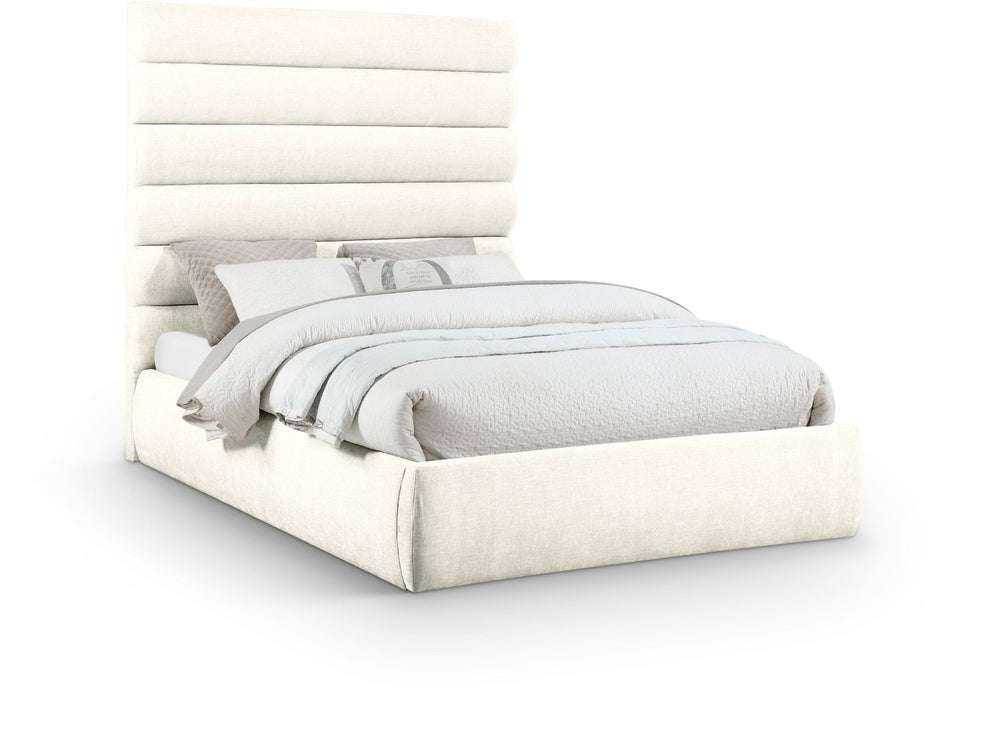 Meridian Furniture Adam Channel Tufted Queen Platform Bed Tall Chenille Headboard for Primary Bedroom B1257Cream-Q70