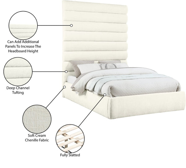 Meridian Furniture Adam Channel Tufted Chenille Queen Bed with Tall Modular Headboard for Bedroom B1257Cream-Q90